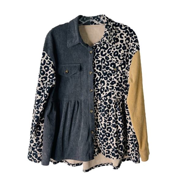Grey black cream yellow corduroy animal print peplum button top shacket large - Picture 1 of 6